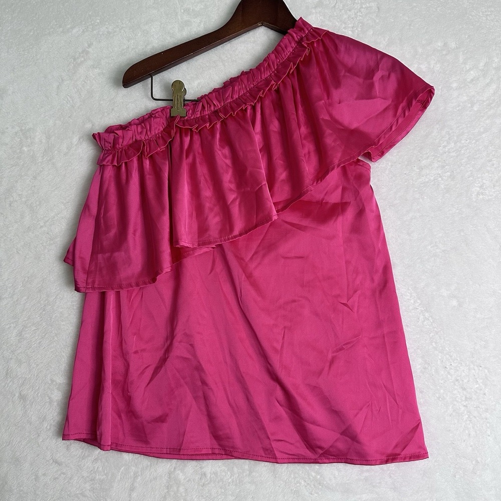 Womens S Pink One Shoulder Ruffle Top Shirt Satin Cute‎ Flowy